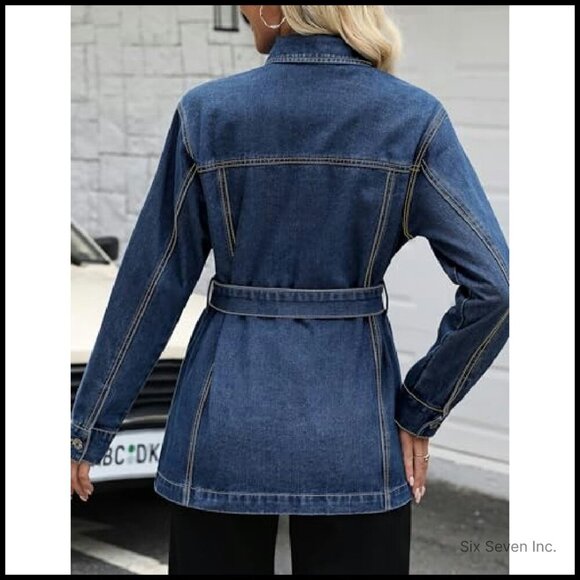 Oversized Denim Jacket Mid Long Classic Trendy With Belt Four Pockets - Picture 3 of 7